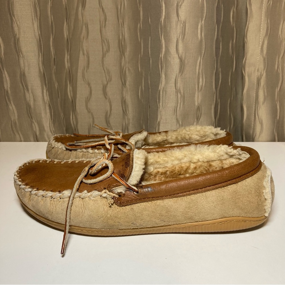 Lands' End Moccasin Slippers Women's 9 Brown Tan Suede Leather Moc Hard Sole